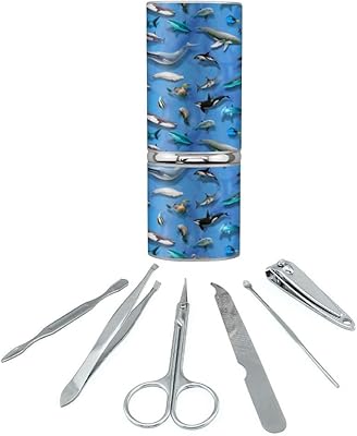 Ocean Life Whale Dolphin Manatee Shark Pattern Stainless Steel Manicure Pedicure Grooming Beauty Care Travel Kit