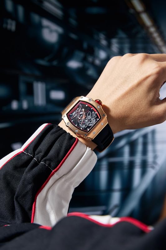 Image of Giordano Analog Skeleton Dial Watch for Men - Tonneau Case, Silicone Strap, Open-Gear Sport Design, Quartz Movement