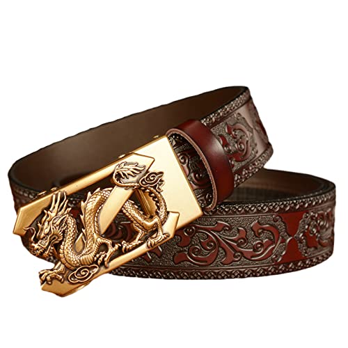 Ratchet Embossed Leather Belt with Golden Dragon Automatic Click Sliding Buckle, Mens Adjustable Handmade Waist Strap (110cm/waist:36"~38", Dragon~B)3