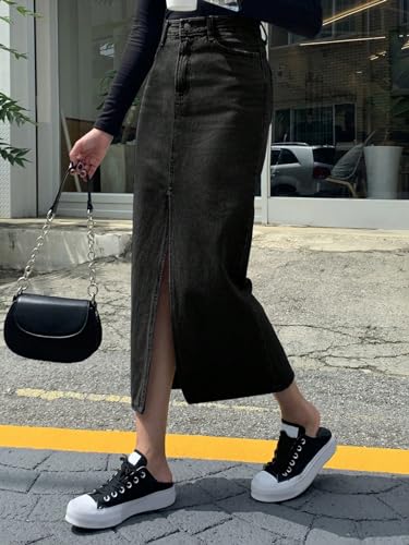 Image of KOTTY Women's High Waist Denim Maxi Skirt with Front Slit | Stylish Long Jean Skirt for Women | Trendy Straight Fit Casual Wear
