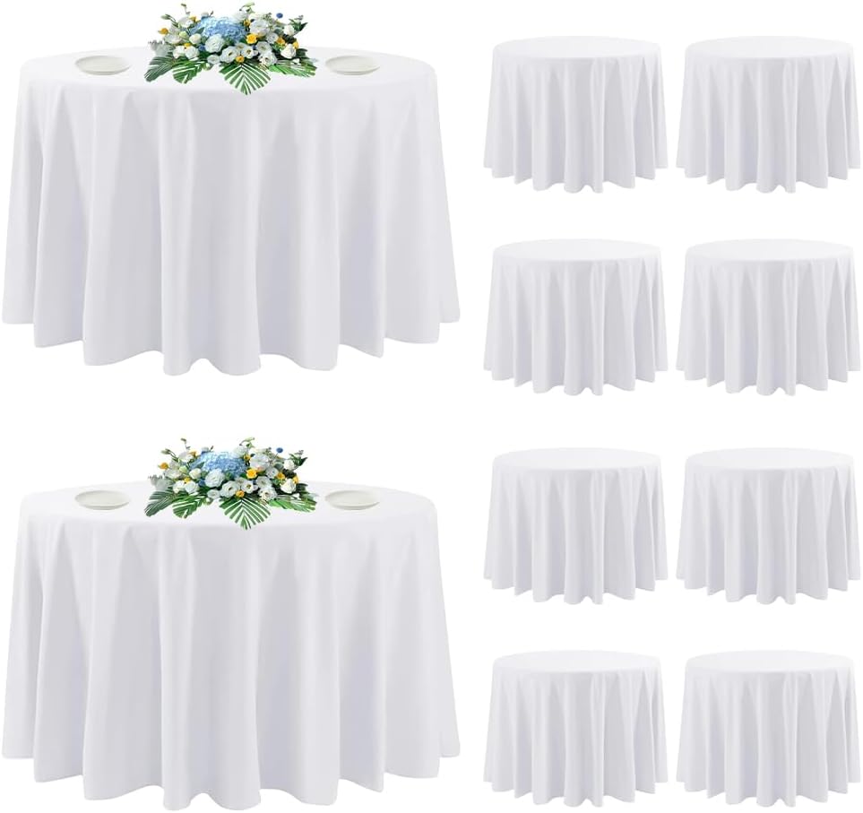10 Pack Round Tablecloth White 120 Inch, Stain Resistant and Wrinkle Polyester Table Cloth, Washable Table Cover for Kitchen Dining, Wedding, Buffet Table, Holiday Party White 10 Pack