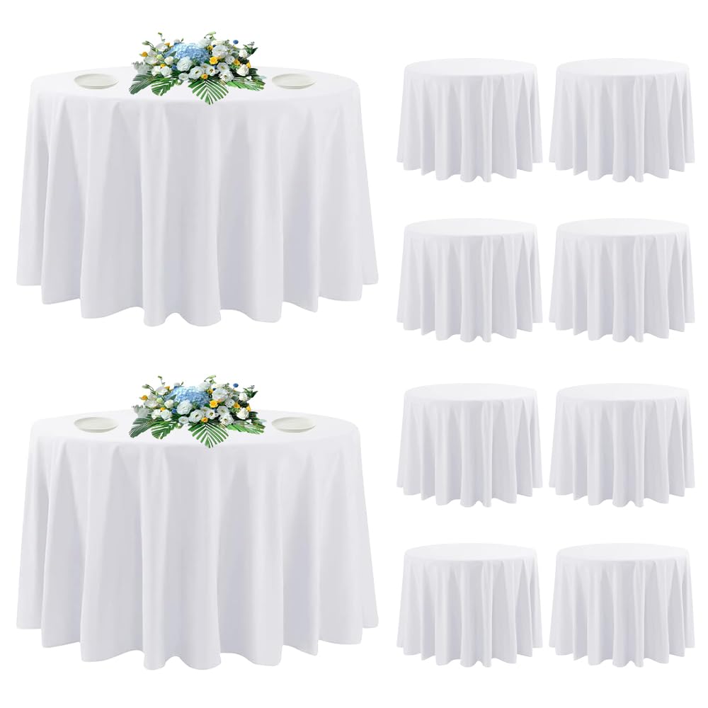 Photo 1 of DAKKIONY 10 Pack Round Tablecloth White 120 Inch, Stain Resistant and Wrinkle Polyester Fabric, Washable Table Cover for Kitchen Dining, Wedding, Buffet Table, Holiday Party