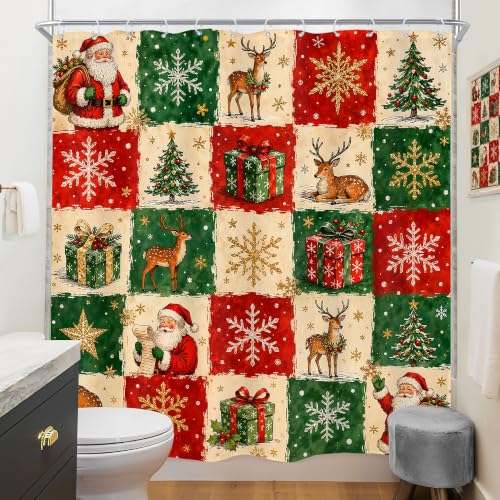 Image of Merry Christmas Shower Curtain Green Red Santa Deer Plaid Bathroom Decor