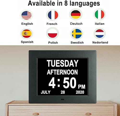 Miniatura 5 de Actualizado de 10 pulgadas Reloj digital con calendario de día con atenuación automática y 8 opciones de alarma, fecha extragrande, hora, sin