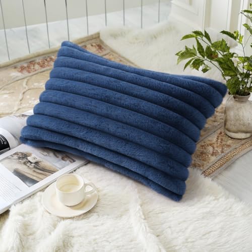 Image of decorUhome Fall Faux Fur Throw Pillow Covers 12x20 Set of 2 Decorative Soft Plush Striped Lumbar Coastal Modern Farmhouse Boho Couch Pillow Cases with Velvet Back for Sofa Bed Living Room, Blue