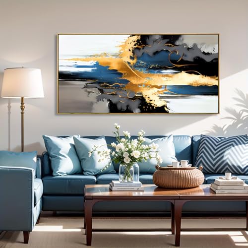 Tableau abstrait noir jaune bleu grand format 60x130cm encadré