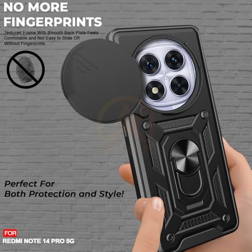 Image of Armor Bumper Back Cover Case for Redmi Note 14 Pro 5G Rotating Camera Cover, Ring Holder & Kickstand | Heavy Duty & 360 Degree Protection Redmi Note 14 Pro 5G Back Cover (Black)