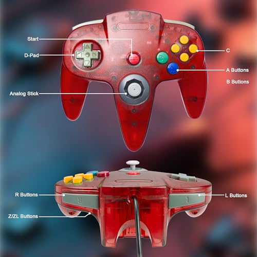 Image of KIWITATA 2 Pack Classic N64 Controller, Remote Wired N64 Joystick Gamepad Replacement Controller for Retro N64 System Video Games Console Transparent Red