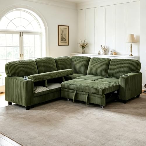 Image of KEIKI 81 inch L-Shaped Oversized Corduroy Modular Sectional Sleeper Sofa with Pull-Out Bed, Storage Seat, 5-Seater Upholstered Couch Bed with Charging Station, Easy Assembly, for Living Room, Olive Green