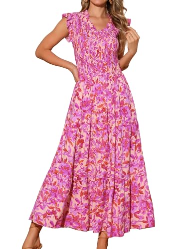 Image of Seta T Women's Summer Dresses Casual Ruffle Sleeveless V Neck Floral Sundress Flowy Smocked Beach Maxi Dress