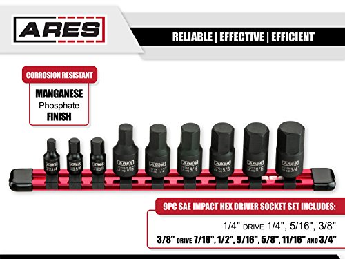 image for ARES 70496 - 9-Piece SAE Impact Hex Driver Socket Set - Chrome Moly St