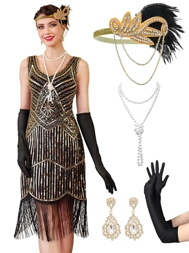 RRYIO 1920s Flapper Dresses for Women,Sheer Beaded Sleeves Great Gatsby Dresses Roaring 20s with Accessories (Black Gold, L)