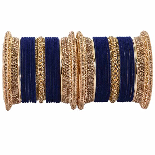 Image of NMII Non-Precious Metal with Base Metal and Studded with Zircon Gemstone Glossy Finished Traditional Velvet Bangle Chuda set for Women and Girls