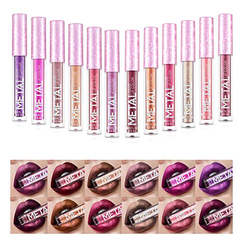 Glitter Shimmer Liquid Lipstick Set 12 Colors Shinning and Long Lasting Waterproof Colourful Lip Gloss Set (12 PCS )