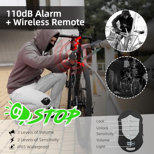 eMjollRay Candado de bicicleta de 120 cm con alarma de 110 dB, sistema de alarma para bicicleta eléctrica, candado de alta seguridad de 8 mm de grosor, 2 mandos a distancia, 3 llaves, cable USB C - imagen 2