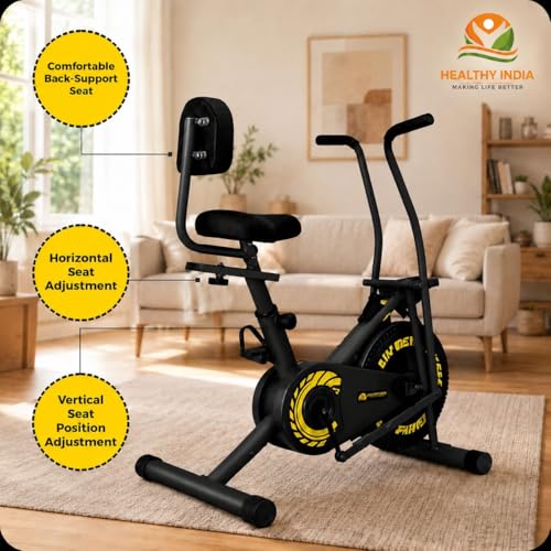 Image of Exercise Bike with Moving Handle and Backrest for Home Cardio Workout Dual Action Stationary Bike Yellow and Black