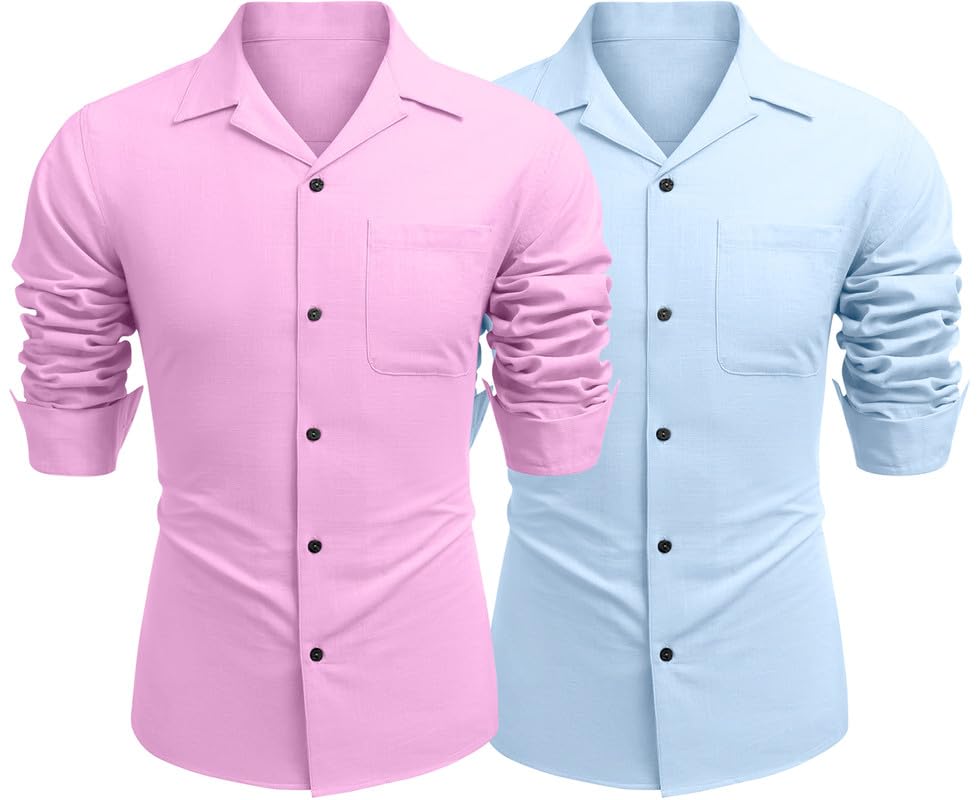 Image of Combo of Men's Casual Cotton Blend Shirt || Long Sleeve Button Down with Spread Collar | Lightweight Breathable Fabric | Stylish Solid Shirt for Beach, Office & Everyday Wear Pack of 2