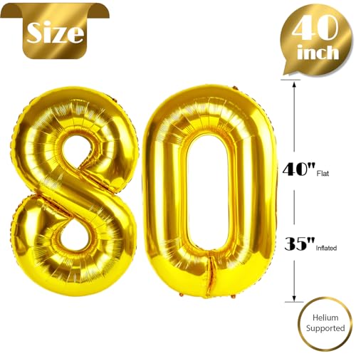 Image of Gold Number 80 Balloon 40 inch, 80 Number Balloons, 80th Gold Birthday Decorations, 80 Year Old Women Men Golden Party Supplies