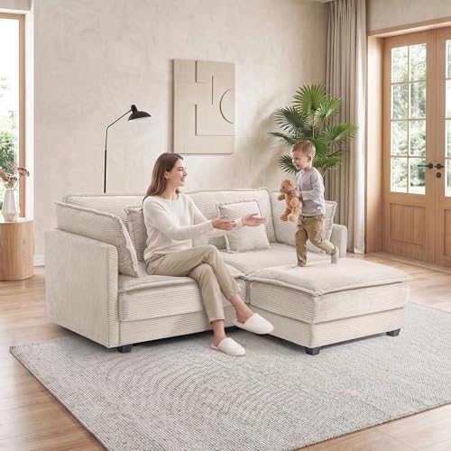 Image of 78.4 inch Corduroy Loveseat Sectional, Small L Shaped Sofa Couch with Ottoman for Apartment, Office, or Bedroom, Beige