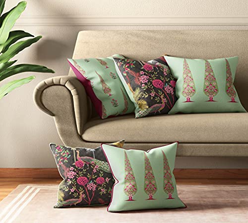 Image of India Circus by Krsnaa Mehta Peacock & Conifer Multicolor Satin Blend Cushion Pillow Covers Set of 5 (16 x 16 Inches), 110 TC