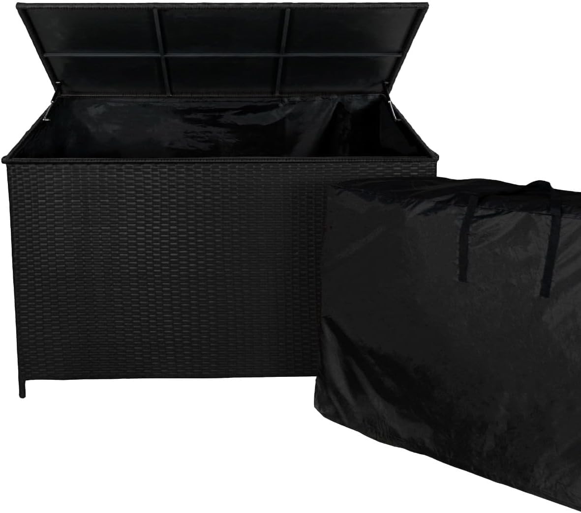 Set pranzo ad angolo in rattan e box da giardino Nero 9 posti a sedere Divano Sgabelli Tavolo in vetro Ampia Cassapanca 582L Telaio in acciaio Resistente ai raggi UV Borsa da trasporto impermeabile