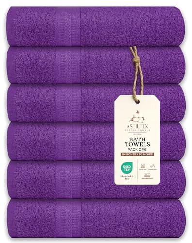 ASTILTEX Large Bath Towels Pack of 6 24 x 50 100% Cotton Terry Soft Quick-Dry & Highly Absorbent Purple Towels for Bathroom Spa Shower Pool & Daily Use