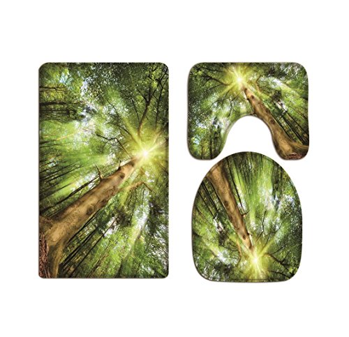 A.Monamour Badezimmer Badematte 3 Teilig Set Sonnen Durch Grüne Bäume Wald Natur Scenic Kissen...