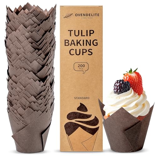 OvenDelite Tulip Cupcake Liners Coffee 200PCS - Rustic Muffin Wrappers for Holiday Baking, 450°F Safe Parchment Liners, Fall Party Supplies