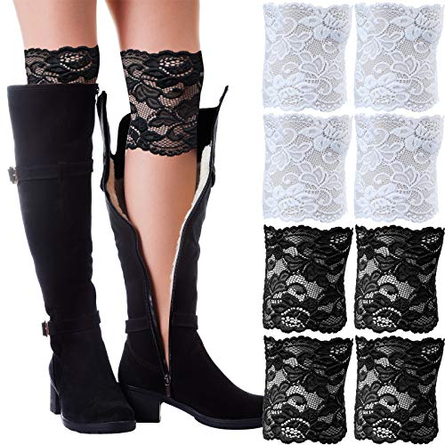 4 Pairs Lace Boot Cuffs Stretch Leg Warmers Socks Topper Cuff for Women, White and Black