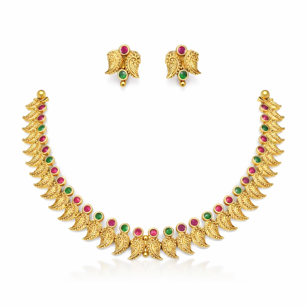 Mango Gold Matte Finish Bridal Necklace & Earring Set (Red & Green)