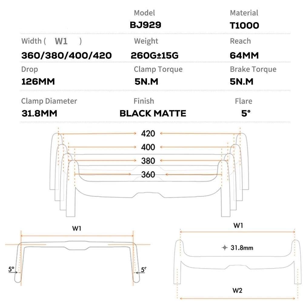 KWEZ Guidon de Route 360-420mm Noir Mat, routage Interne de vélo en Gravier, pièce de Cockpit