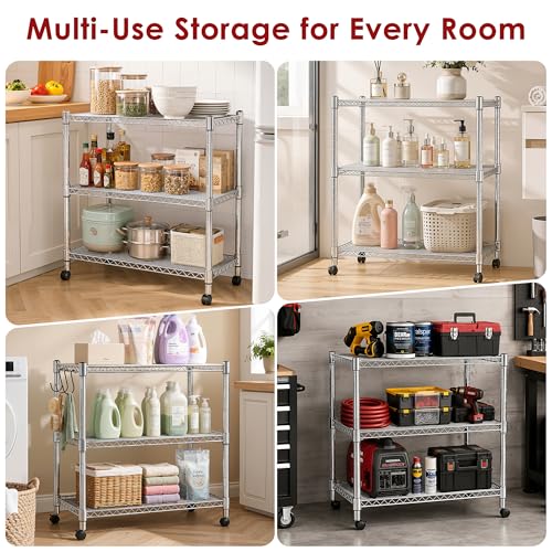 Image of Heavy Duty 3-Shelf Shelving Unit, 24.02 inch W x 13.78 inch D x 21.97 inch H Chrome Steel Storage Rack with Wheels, 2 PP Shelf Liners and Hooks, Adjustable Under Desk Organizer for Kitchen, Office, Garage