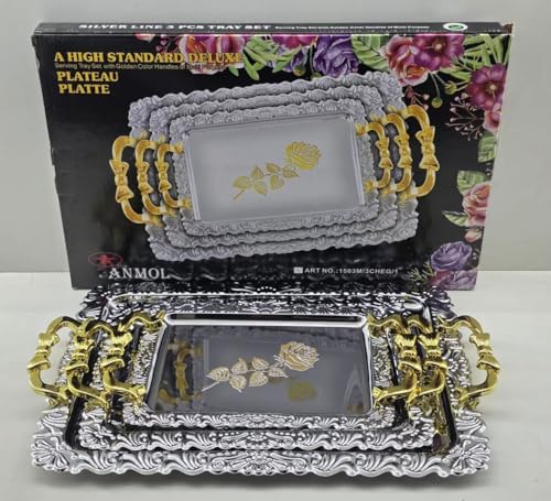 Image of MARTVIA Luxury Serving Tray Set of 3,Crystal Stainless Steel Tray, with Golden Design and Handle Serving for Party Glass, Home Wedding Decor for Gift Set (MV-15)