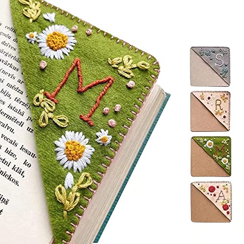 Personalized Hand Embroidered Corner Bookmark, 26 Letters Hand Stitched Felt Corner Letter Bookmark, Cute Flower Embroidery Bookmarks for Book Reading Lovers Meaningful Gift (Summer,M