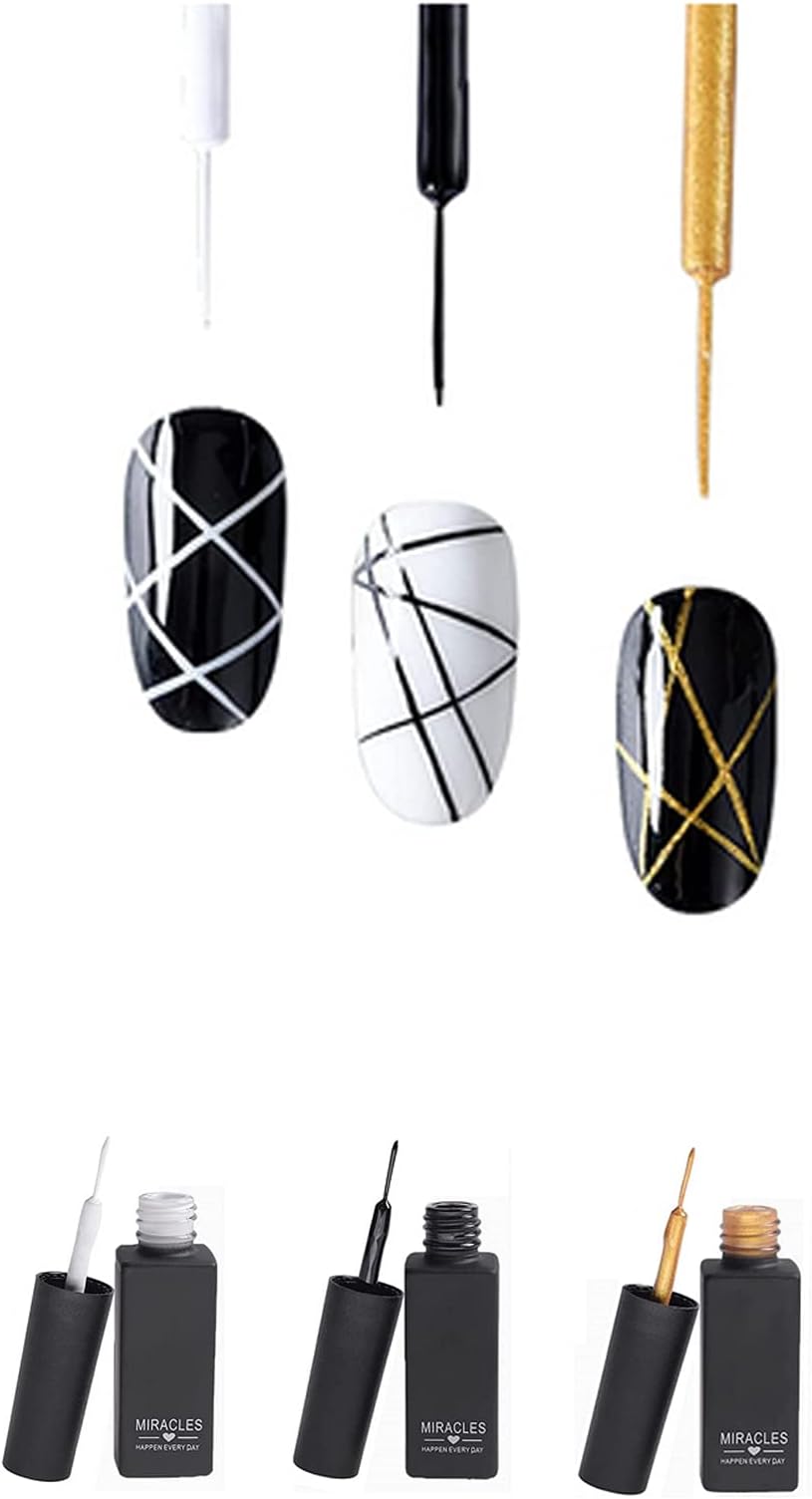 Frenshion3Pcs 8ML Classic DIY 3D Gel Nail Designs Painted Gel Nail Polish, Painting Drawing UV Led Gel Liner Polish Pen Tool,Pull Line Pen for Nail Art Salon-Black+White+Gold