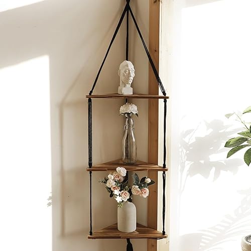 Miniatura 1 de YardGo Estantes colgantes para pared, estante flotante de madera de 3 niveles de macramé, estantes de baño hechos a mano, estantes de almacenamiento