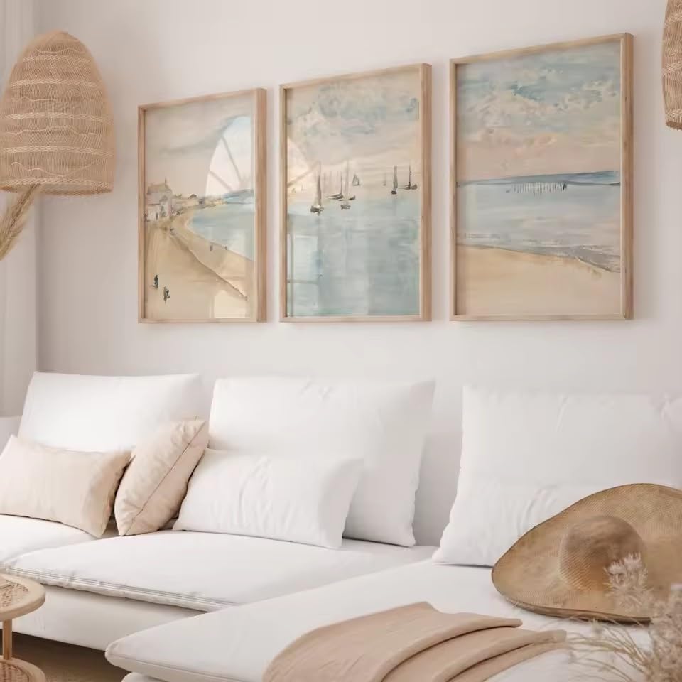 DIHANSM Minimalistisches Küstenmotiv, Leinwandbild-Set „Gedämpfter Strand“, 3-teilig, für die Heimdekoration (70 x 100 cm x 3/ungerahmt)