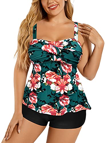 Women's Twist Front Plus Size Tankini Floral Print Tummy Control Two Piece Swimsuit3