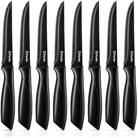 D.Perlla Steak Knives Set of 8, Black Steak Knife Set, Serrated Steak Knives, Premium Stainless Steel Kitchen Steak Knife Set, Table Dinner Knife with Gift Box Cover