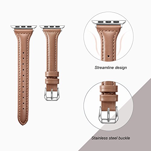 Secbolt Leather Bands Compatible With Apple Watch Band 38Mm 40Mm 41Mm Iwatch Se Series 8 7 6 5 4 3 2 1 Slim Replacement Wristband Strap Stainless Steel Buckle, Brown #TOP3