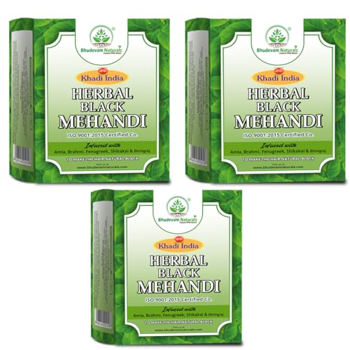 Image of Khadi Organic Black Mehndi For Natural Hair Colour By Bhudevam Naturals | Herbal Hair Color for Natural Looking Black Hair with Chemical Free Formula Suitable for All Hair Types- Pack of 3