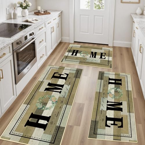 Tritard 100% Non Slip Kitchen Rugs Sets of 3 Farmhouse Washable Kitchen Mats for Floor Non-Skid Kitchen Runner Rug Soft Rustic Kitchen Floor Carpet for Hallway, Laundry, Sink, Office, Khaki