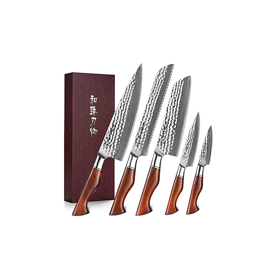 HEZHEN Damascus Knife Set 5PCS,Premium Powder Steel Forged Hammered Pattern, Rosewood Handle, Home Cooking Kitchen Knives