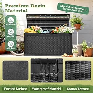 Flamaker Outdoor Storage Box 100 Gallon Waterproof Resin Deck Box Delivery Box with Air Rod Indoor Outdoor Lockable Storage Bench for Patio Cushions Tools Pool Accessories Black