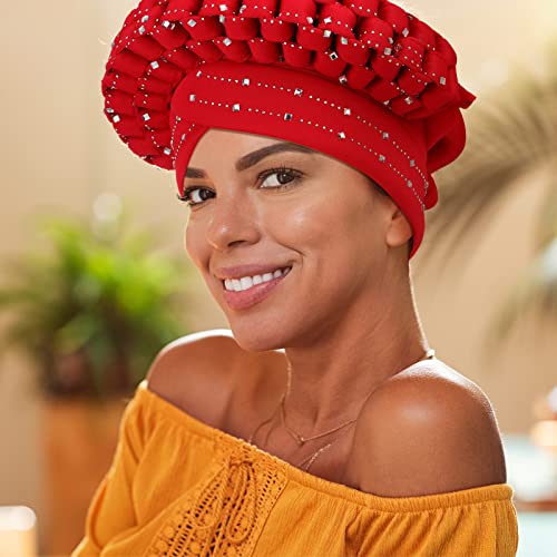 3 Pcs African Head Wraps For Black Women Hats Braid Turban Head Wraps African Headpiece Women Turban Cap Faux Rhinestone Beaded Headscarf Beanie For Women Girls Nigerian For Wedding, 3 Colors #TOP4