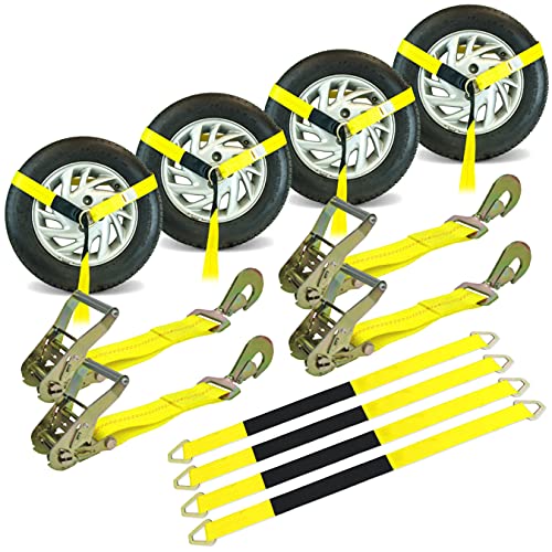 VULCAN Economy Car Tie Down Kit with 4 Lasso Straps, 4 Snap Hook Ratchets, and 4 Free 36 Inch Axle Straps - 3,300 Pound Safe Working Load.