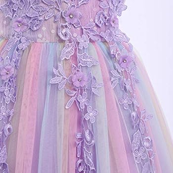 IMEKIS Prinsessenjurk voor meisjes, bloemenkant, bruidsmeisjesjurk, feestelijke partyjurk, verjaardag, avondjurk, feestjurk, lange maxi-jurk, mouwloos, tule, tutu, baljurk, Lila regenboog, 5-6 Jaar