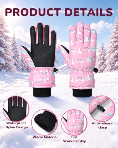 Image of Geyoga Kids Waterproof Winter Snow Ski Gloves | for Boys Girls, Warm Lining, Non-slip PU Leather Palm, Elastic Cuff with Adjustable Strap, for Outdoor Cold Weather