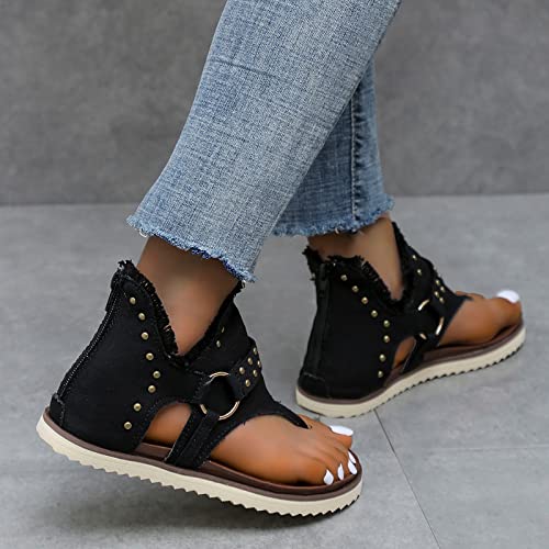 Women's Clip-Toe Flip Flops Studded Canvas Flat Sandals,Summer Fashion Buckle-Strap Back Zipper Orthopedic Open Toe Flops,Casual Fringe Boho Comfy Slip on Beach Slippers4
