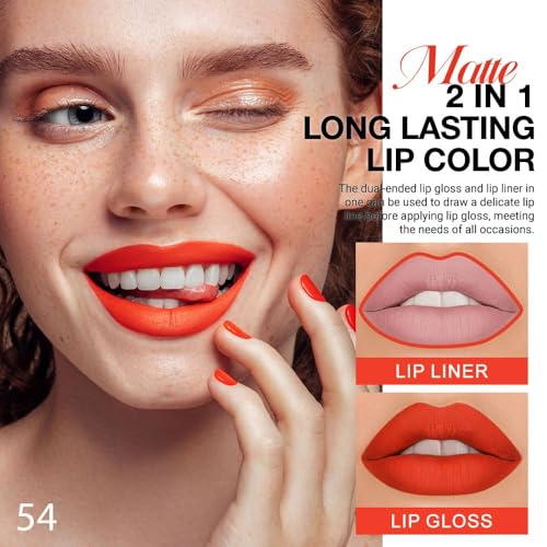 Image of evpct 1Pcs Orange Red Matte Lip Liner & Liquid Lipstick Stain Set for Women, 2 in 1 Lip Liner Stain Lipstick Long Lasting Waterproof Smudge Proof, Longwear Lips Stick Makeup 24 hours originale 54